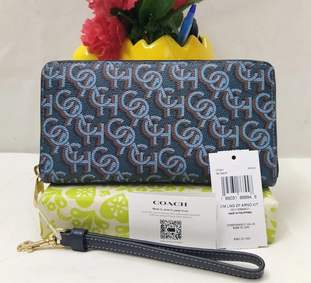 Coach Navy Monogram Print Wrist Strap Zip Around Wallet - NWT $298